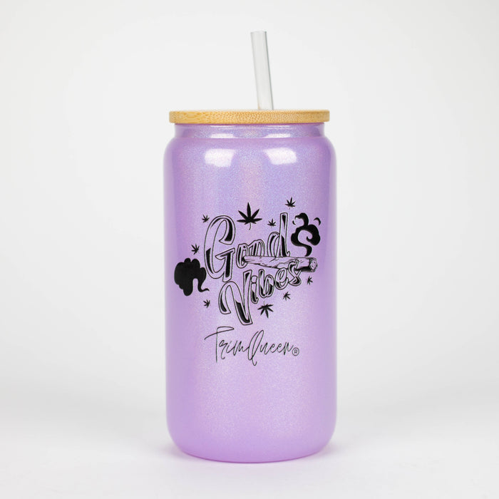 TRIM QUEEN | GOOD VIBES GLASS TUMBLER WITH LID AND STRAW