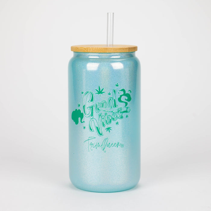 TRIM QUEEN | GOOD VIBES GLASS TUMBLER WITH LID AND STRAW