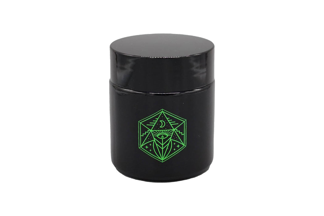 2 Pack Bundle / Small Glass Storage Jar and Lid - Real Printed Artwork - UV Protection - Helps Keep Goods Fresh with Light Protection- Tinted Black - 100 ml - Ancient Symbol Design - Accessories By Leaf-Way Brand