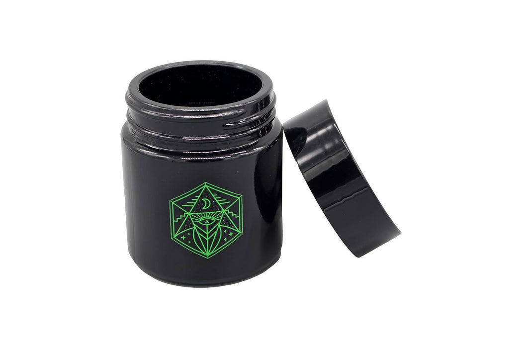 2 Pack Bundle / Small Glass Storage Jar and Lid - Real Printed Artwork - UV Protection - Helps Keep Goods Fresh with Light Protection- Tinted Black - 100 ml - Ancient Symbol Design - Accessories By Leaf-Way Brand