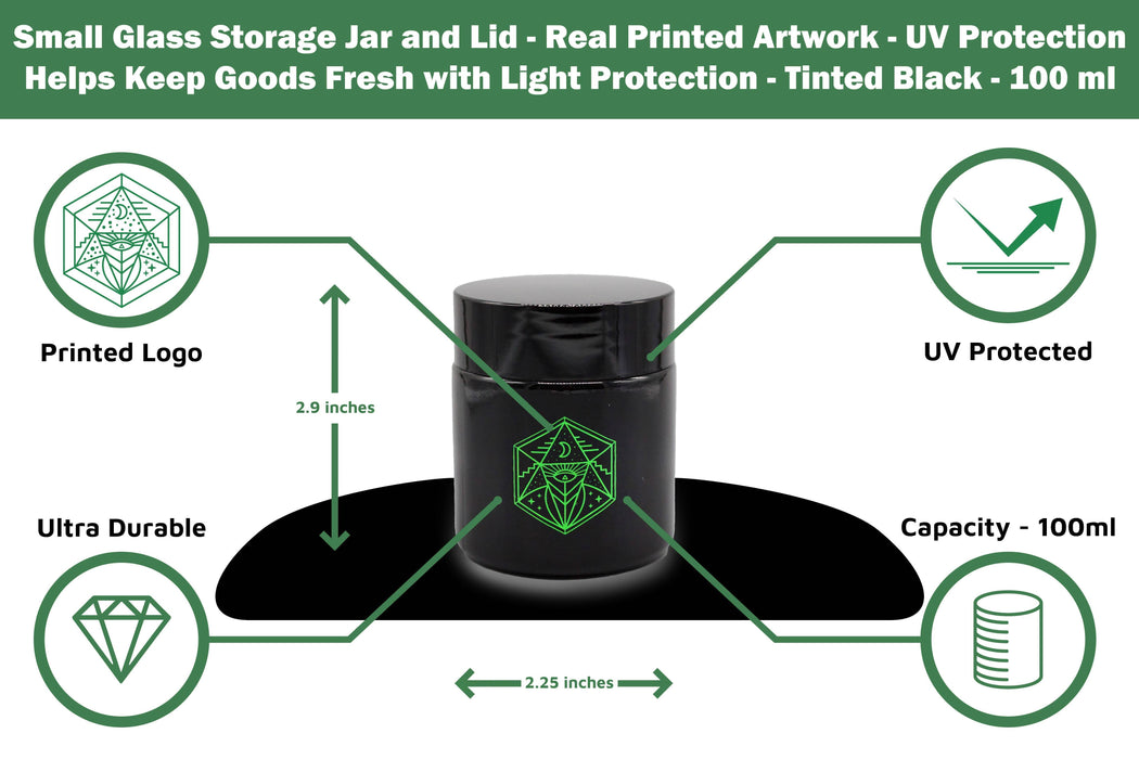 2 Pack Bundle / Small Glass Storage Jar and Lid - Real Printed Artwork - UV Protection - Helps Keep Goods Fresh with Light Protection- Tinted Black - 100 ml - Ancient Symbol Design - Accessories By Leaf-Way Brand